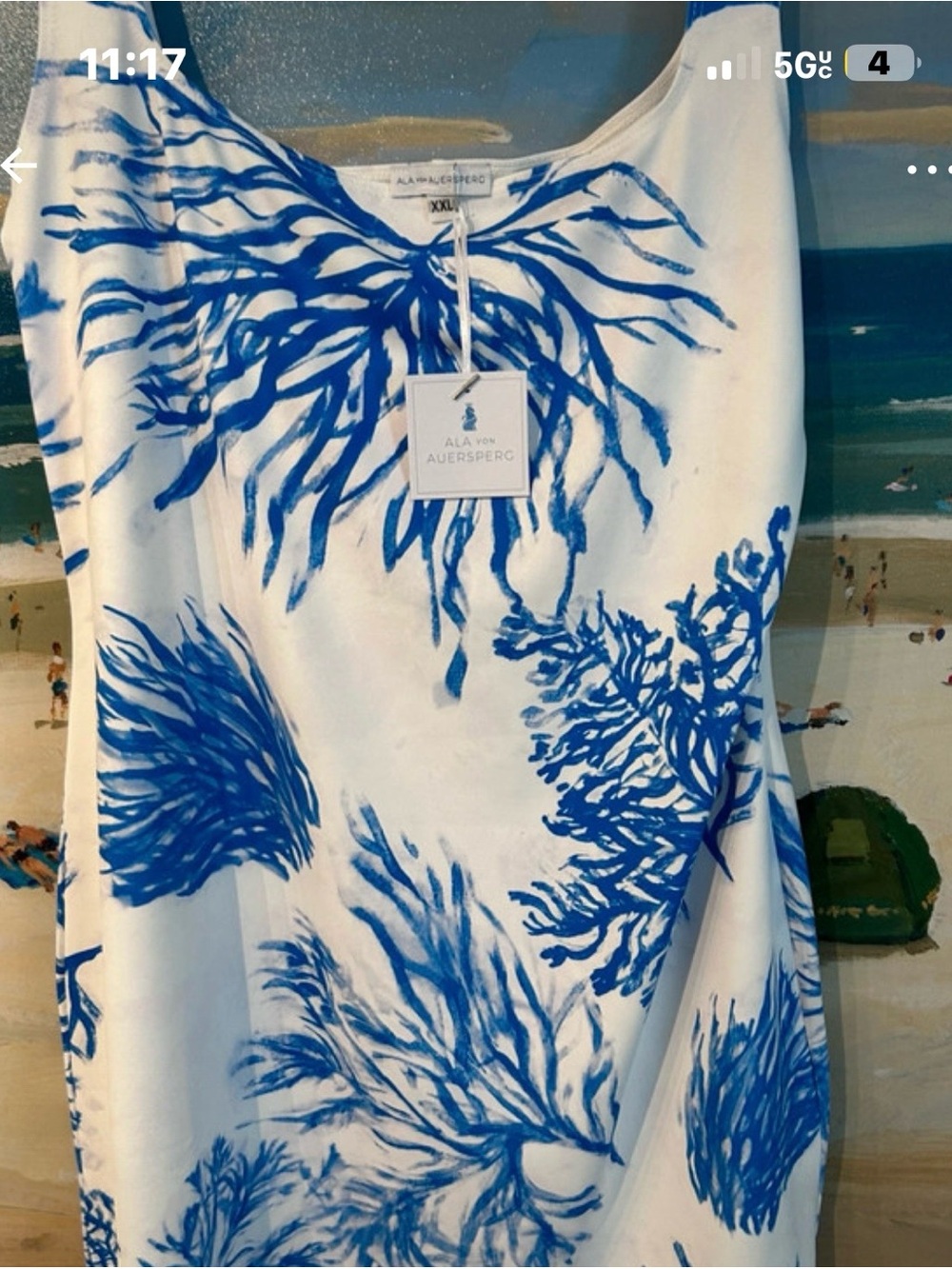White Tank Dress with Blue Sea Coral print stretchy cool fabric - Picture 4 of 5